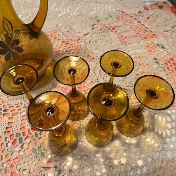 Vintage Romanian Amber Glass Hand Painted Decanter Set - Picture 5 of 10